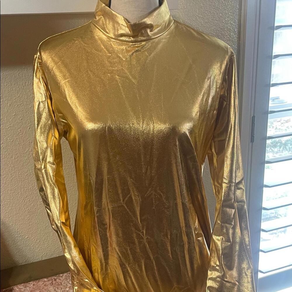 NWT ODIZLI ShinyMetallicGold LongSleeve LeotardMock Turtleneck OnepieceBodysuit